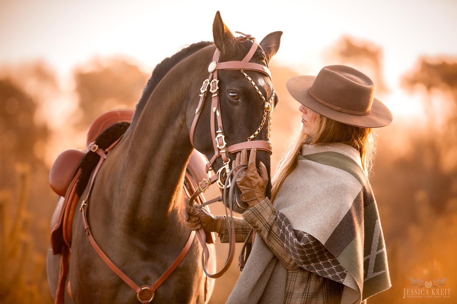 Pferdefotografie von Tierfotografie Jessica Kreit aus Hannover. Porträt von Pferd und Reiterin im Sonnenaufgang.